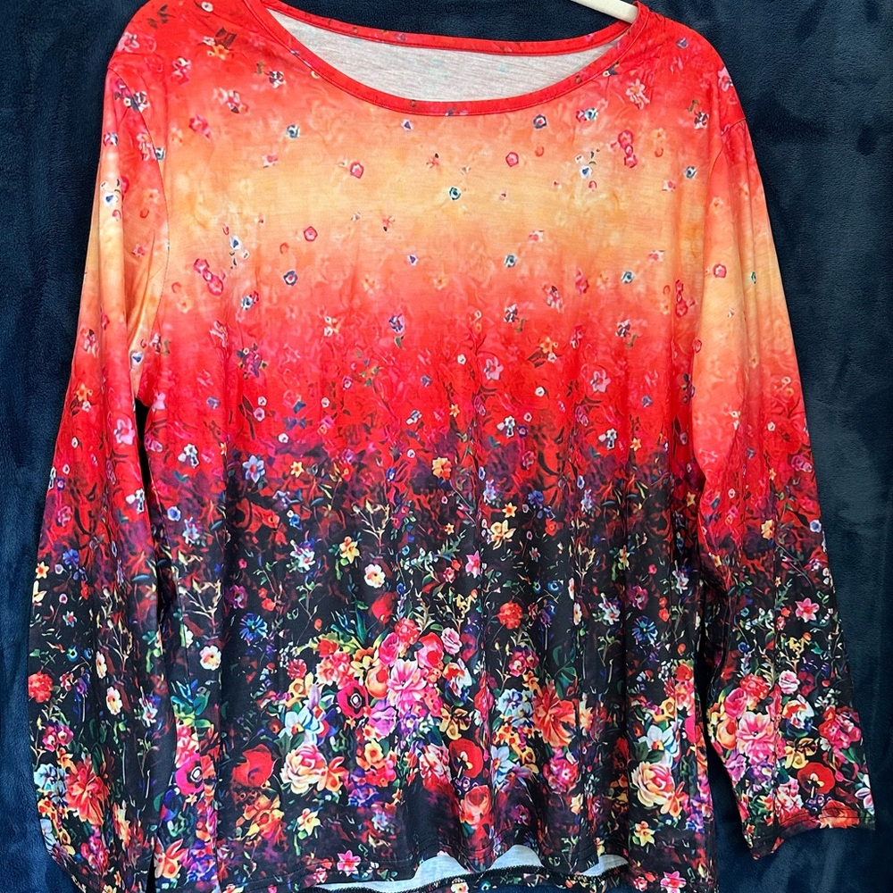 Orange and Red Long Sleeve Graphic Blouse